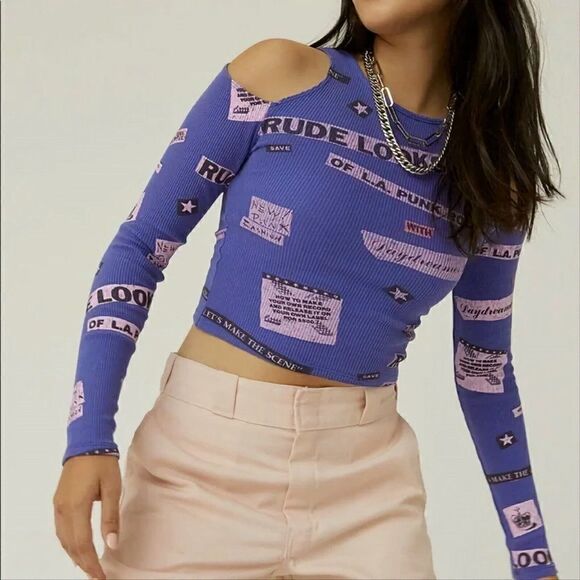 Nwt DAYDREAMER - L -Rude Looks Cold Shoulder Thermal Long Sleeve Crop Purple - Picture 1 of 4